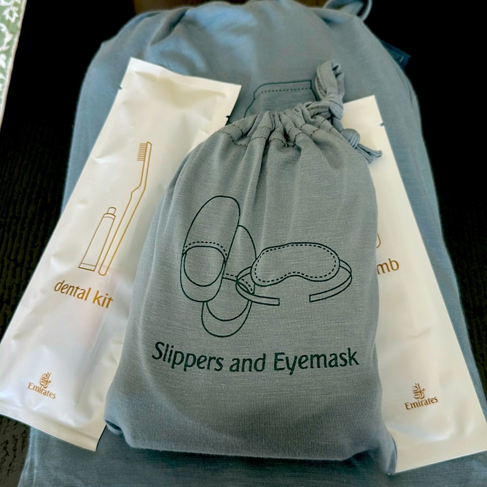Soft loungewear, moisturizing PJ’s  slippers, eye mask, comb & dental amenities.
